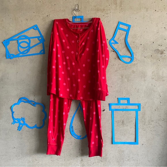 Kate Spade Long Sleeve Polka Dot Hot Pink Red Henley Pajama Set - Picture 2 of 11